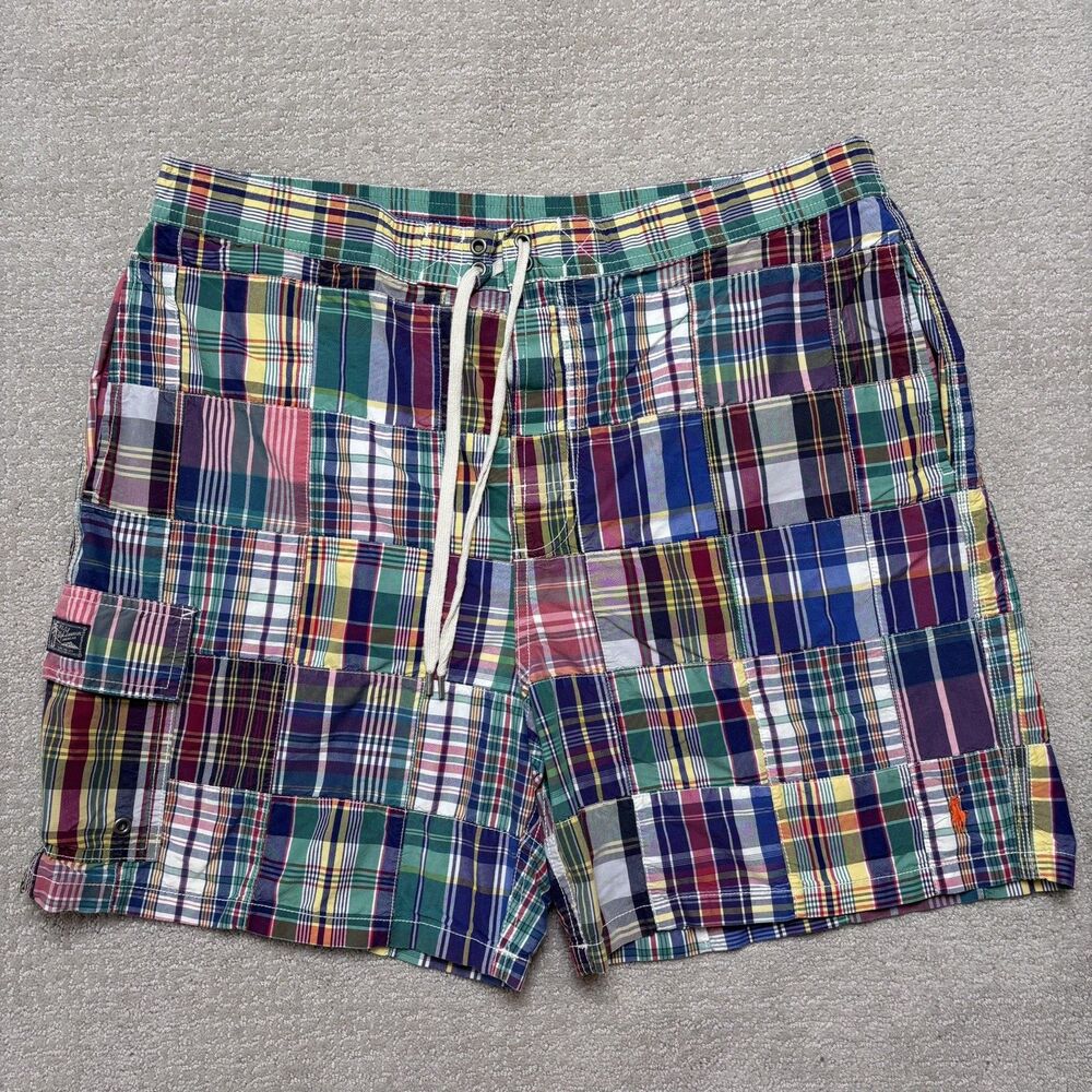 VTG Y2K Polo Ralph Lauren Madras Plaid Patch Swim Trunks Cargo Board Shorts XL